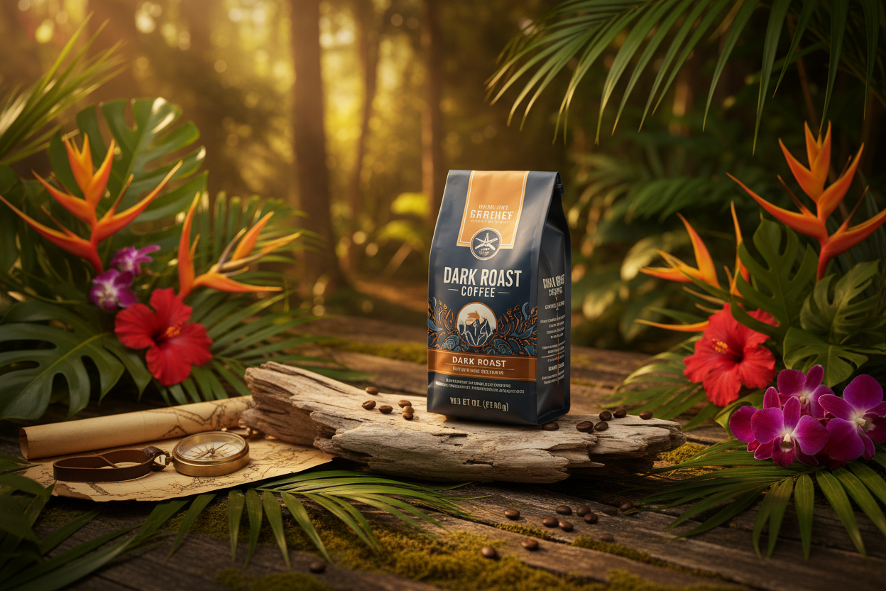 Dark Roast Whole Bean Coffee in tropical adventure setting