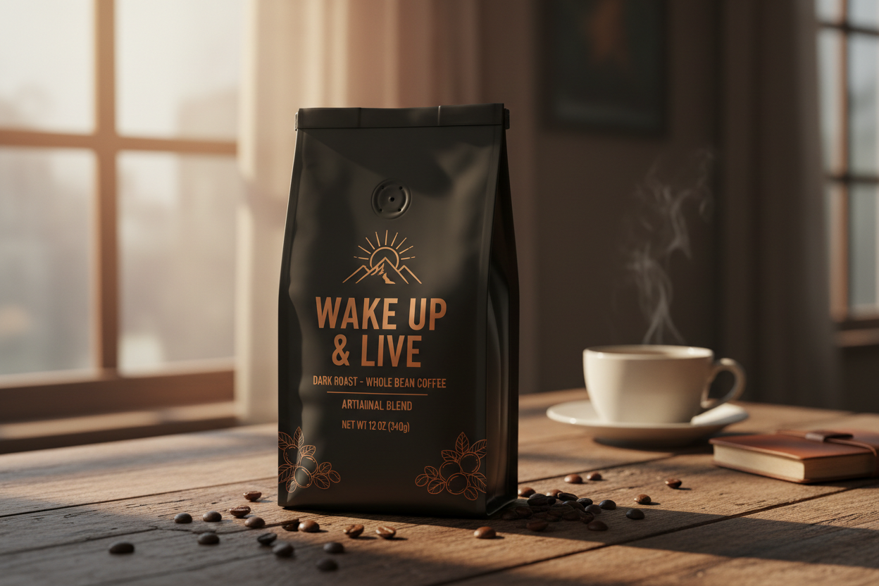 Dark Roast Whole Bean Coffee in warm coffee shop setting